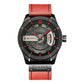 Men's leather analog watch with red strap, black case, red accents on gray dial, date display