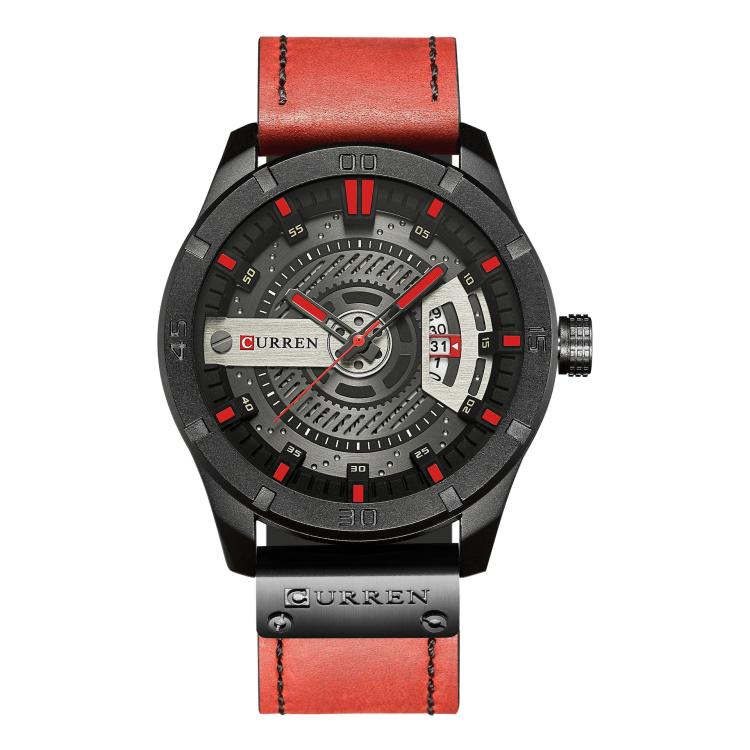Men's leather analog watch with red strap, black case, red accents on gray dial, date display