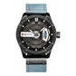Men's leather analog watch with light blue strap, black case, gray dial, and date display