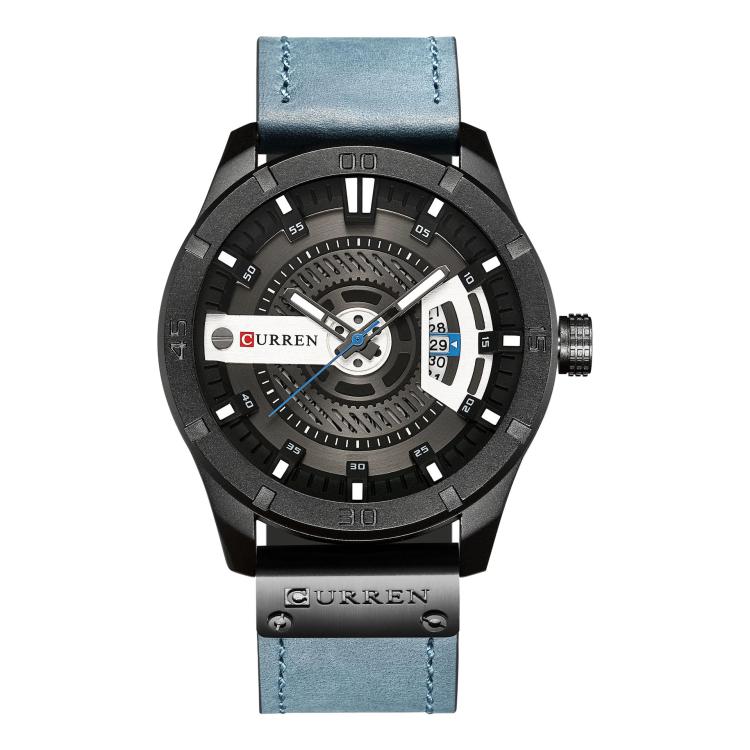 Men's leather analog watch with light blue strap, black case, gray dial, and date display