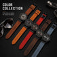 Assorted men's leather analog watches with different colored straps and date display