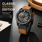Men's leather analog watch with brown strap, black case, white dial accents, and date display