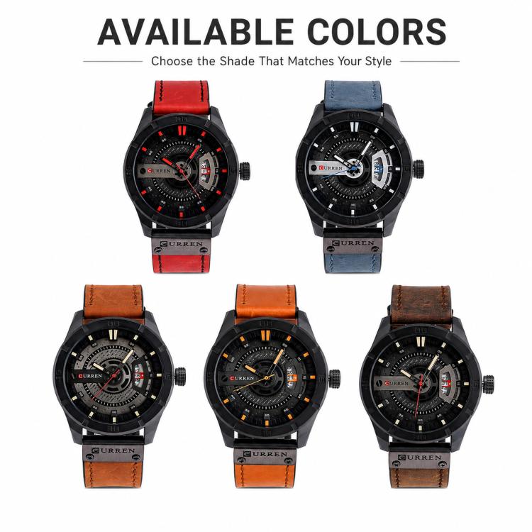 Men's leather analog watch collection with multiple strap colors, black cases, and date display