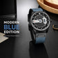 Men's leather analog watch with blue strap, black case, gray dial, and date display