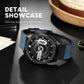 Men's classic leather analog watch with black dial, date window, blue strap