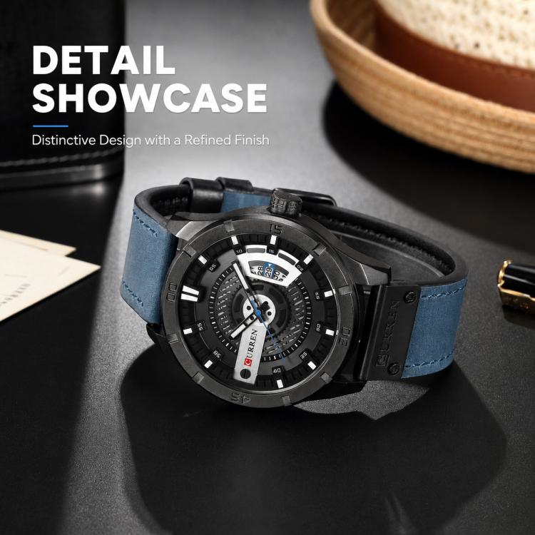 Men's classic leather analog watch with black dial, date window, blue strap