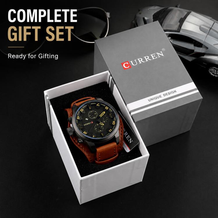 Gray rectangular watch gift box with CURREN logo, open drawer and black insert