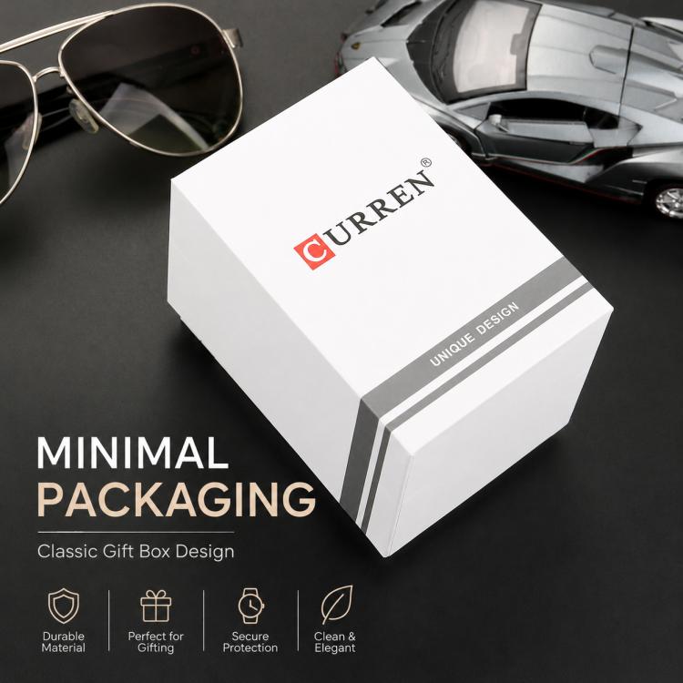 White rectangular watch gift box with CURREN logo and side stripe, closed