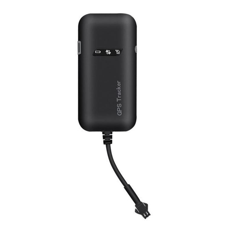 Black GPS vehicle tracker with built-in antenna and attached power cable