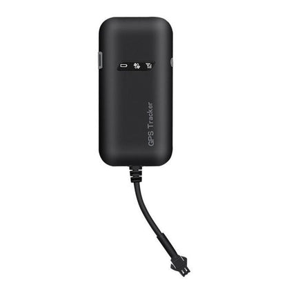 Black GPS vehicle tracker with built-in antenna and attached power cable