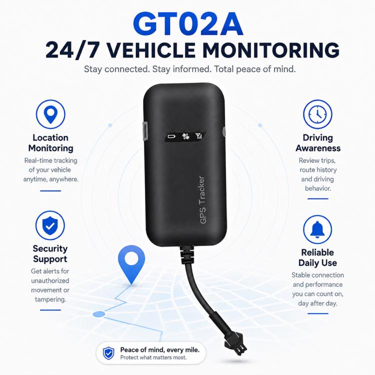 Black GPS vehicle tracker with power cable and compact rectangular housing