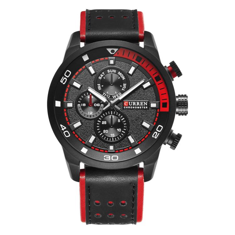 Men's quartz chronograph watch, black dial with red accents and black leather strap