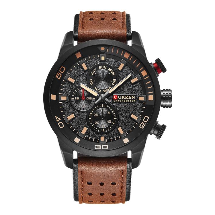 Men's quartz chronograph watch, dark dial with bronze markers and brown leather strap