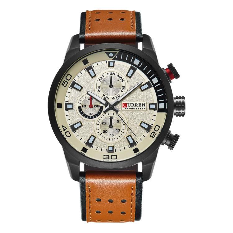 Men's quartz chronograph watch, light dial with bronze markers and brown leather strap