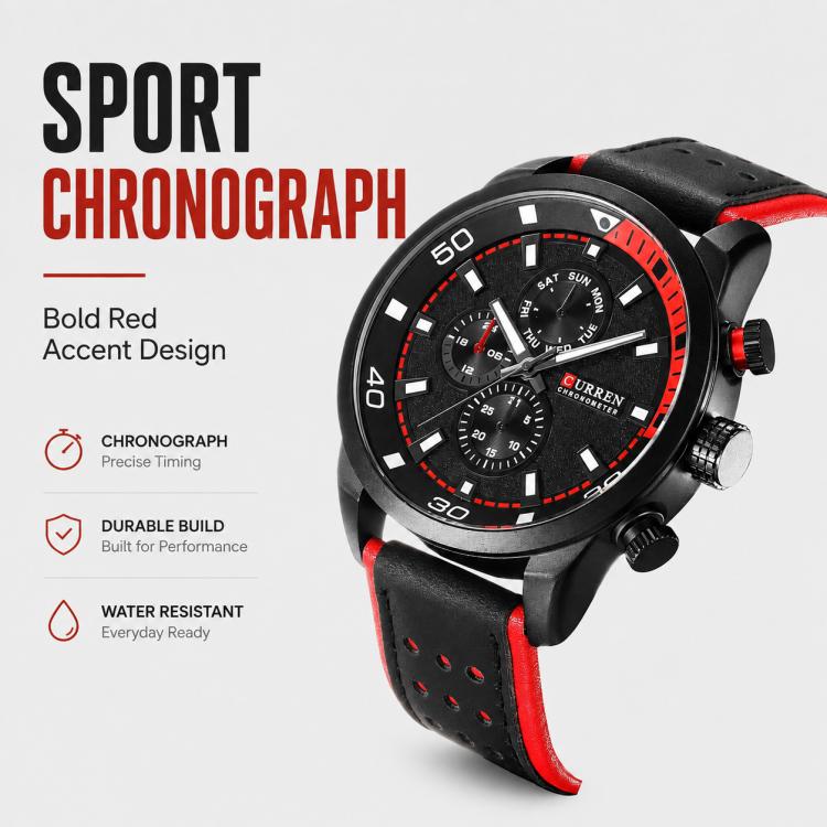 Men's quartz chronograph watch, black case with red trim and black leather strap