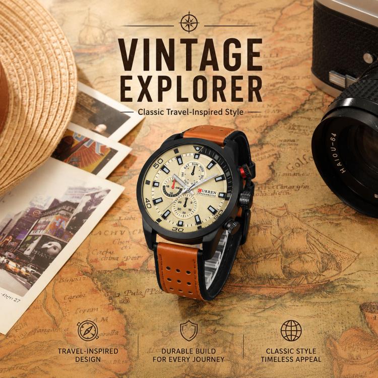 Men's quartz chronograph watch, cream dial with dark subdials and orange leather strap