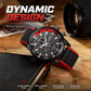 Men's quartz chronograph watch, black dial with red bezel and red leather strap