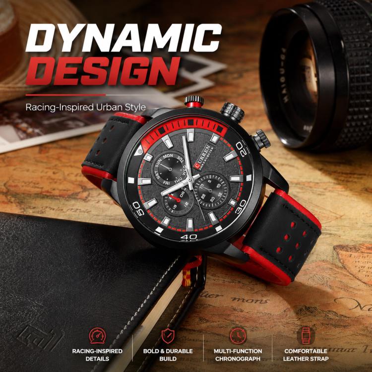 Men's quartz chronograph watch, black dial with red bezel and red leather strap