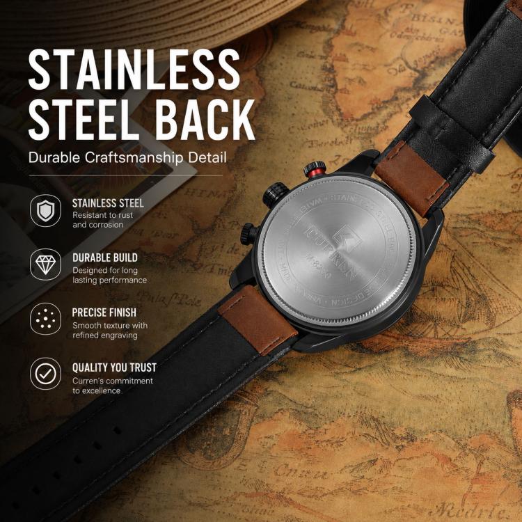 Men's watch with stainless steel back and brown leather strap, black case