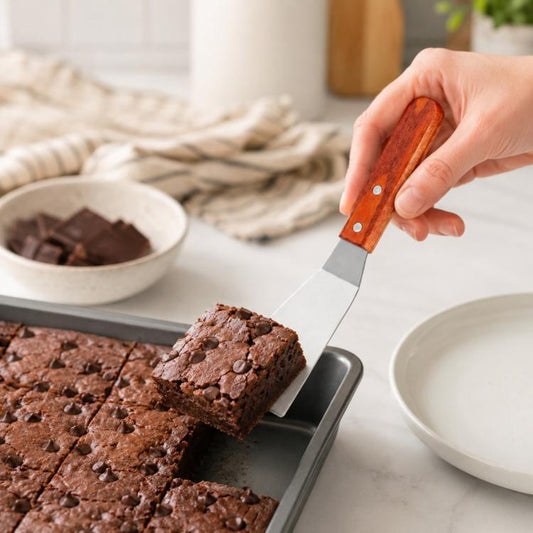 Stainless steel cooking spatula with wooden handle, lifting brownies from a baking tray
