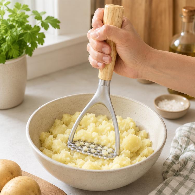 Potato masher with oak handle and perforated aluminum mashing plate, held over a bowl