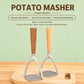 Potato masher with two oak handles and gray perforated mashing plates on a wooden base
