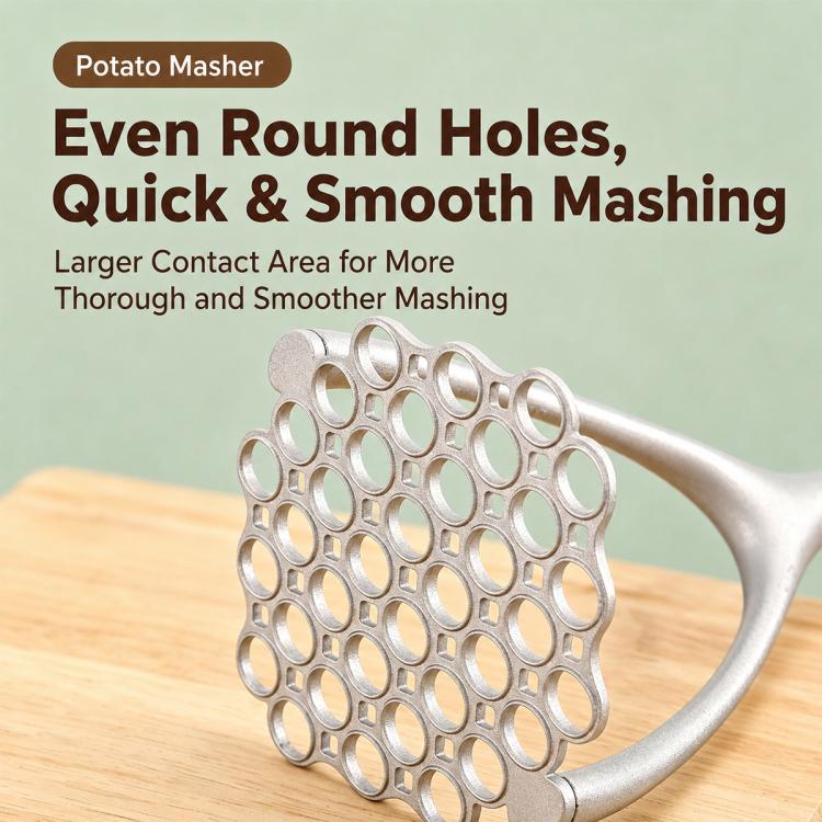 Potato masher head with round-hole perforated mashing plate and gray frame on wood