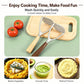 Potato masher with oak handle and perforated aluminum head on a wooden board