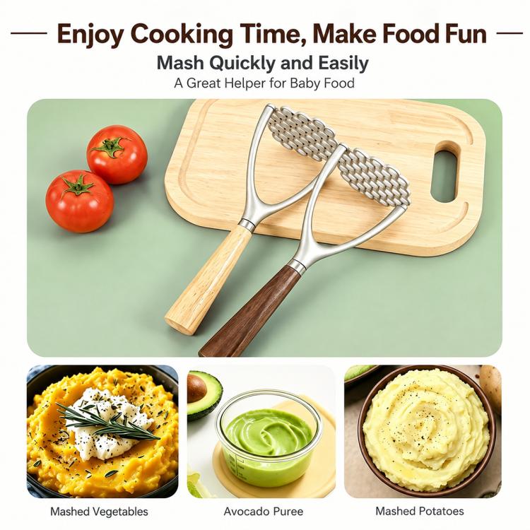 Potato masher with oak handle and perforated aluminum head on a wooden board