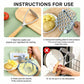 Potato masher on cutting board and over potatoes, showing use steps and plate close-up