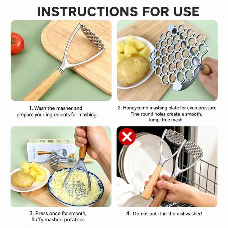 Potato masher on cutting board and over potatoes, showing use steps and plate close-up