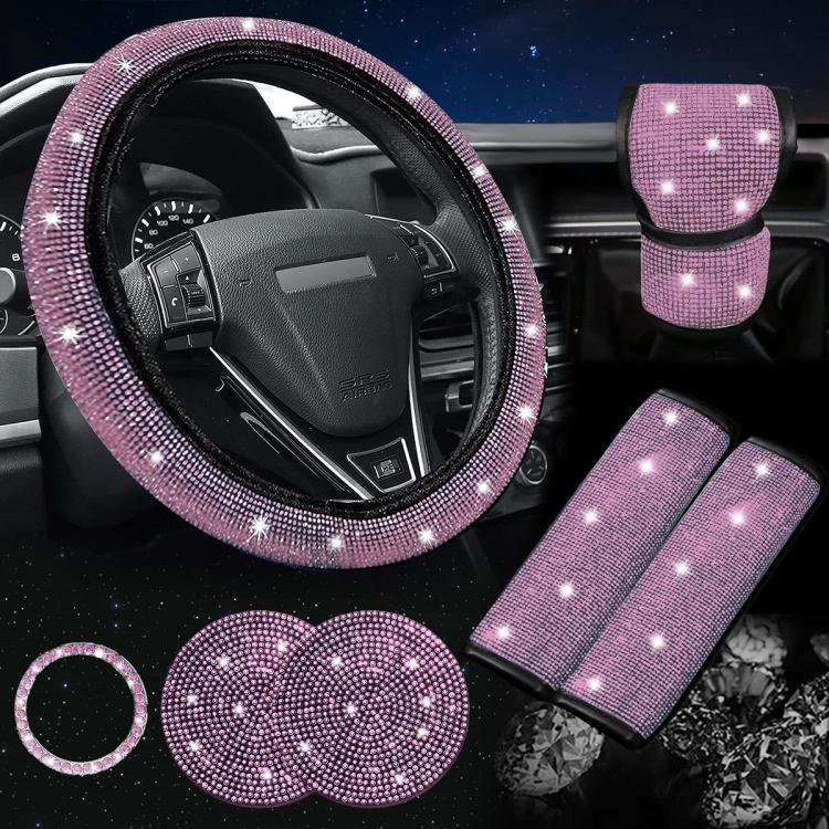 Diamond rhinestone steering wheel cover set, purple with matching seat belt covers