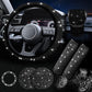 Diamond rhinestone steering wheel cover set, black with matching seat belt covers