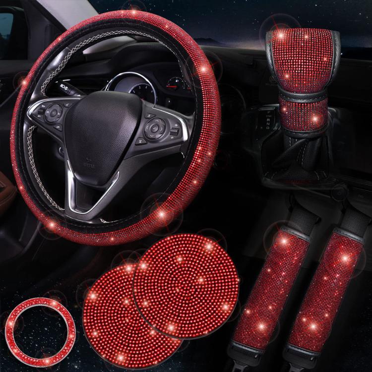 Diamond rhinestone steering wheel cover set, red with matching seat belt covers