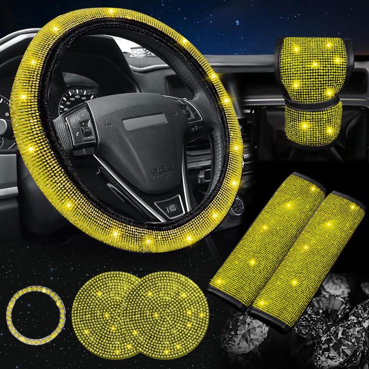 Diamond rhinestone steering wheel cover set, yellow with matching seat belt covers