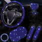 Diamond rhinestone steering wheel cover set, blue with matching seat belt covers