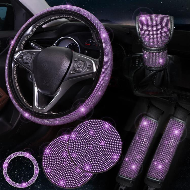 Purple diamond rhinestone steering wheel cover set with matching shift and handbrake pieces