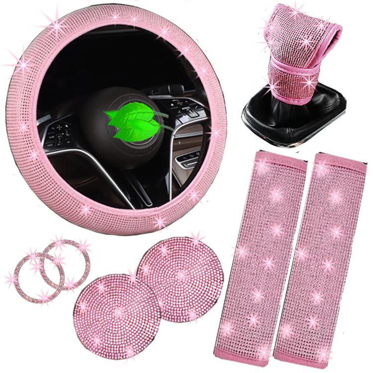 Pink diamond-studded steering wheel cover set with matching accessories