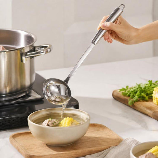 Stainless steel slotted ladle with long handle for serving soup and straining liquids