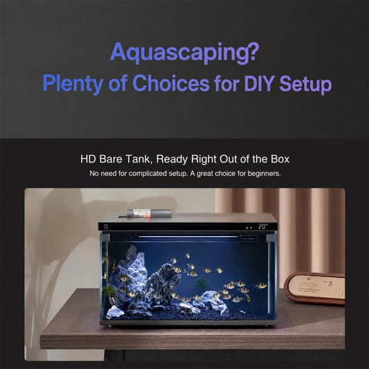 Smart fish tank with indoor aquascape rocks and substrate on a countertop stand.