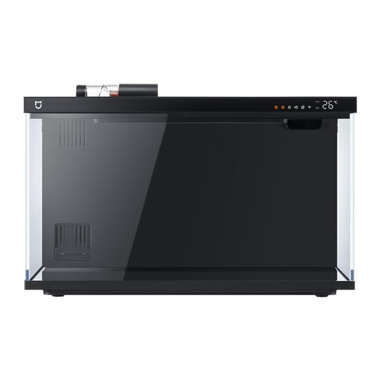 Smart fish tank with black frame and clear front glass panel, showing 26°C display.
