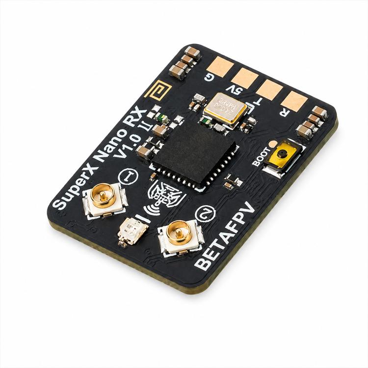 BETAFPV SuperX Nano ELRS receiver PCB with chips and antenna connectors