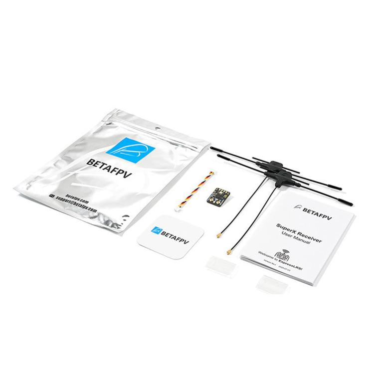 BETAFPV SuperX ELRS receiver kit with PCB, antennas, and accessory pouches
