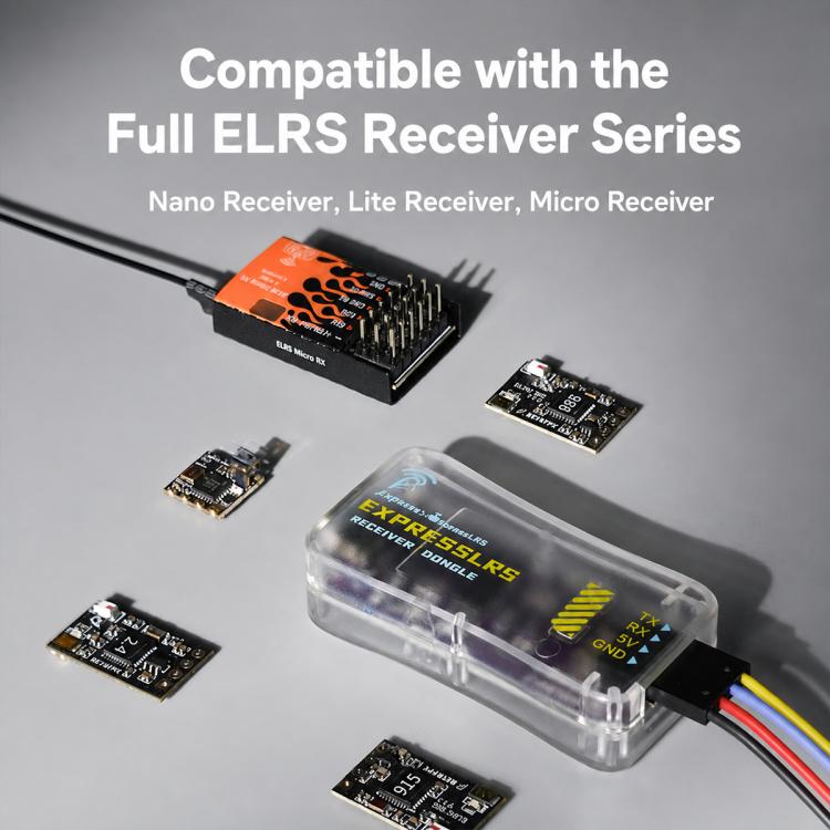 Transparent ELRS receiver dongle with circuit boards and connected pin adapters