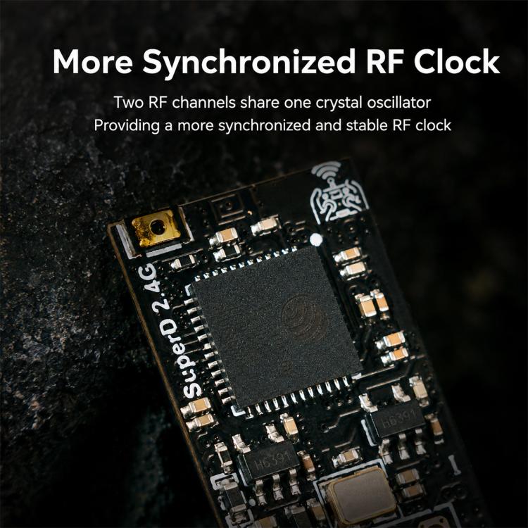 Soldered RF clock and IC close-up on the SuperD ELRS receiver circuit board