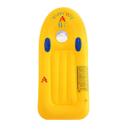 Inflatable kids surfboard in bright yellow with blue dual side handles and air valve