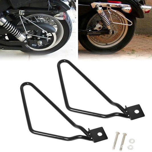 Pair of black metal saddlebag triangular bracket supports with mounting plates and screws
