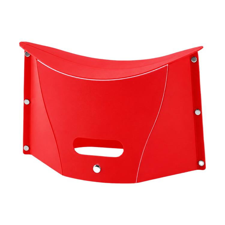Red foldable PP stool with integrated storage basket, side grommets, and carry cutout