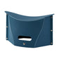 Blue foldable PP stool with integrated storage basket, side grommets, and carry cutout