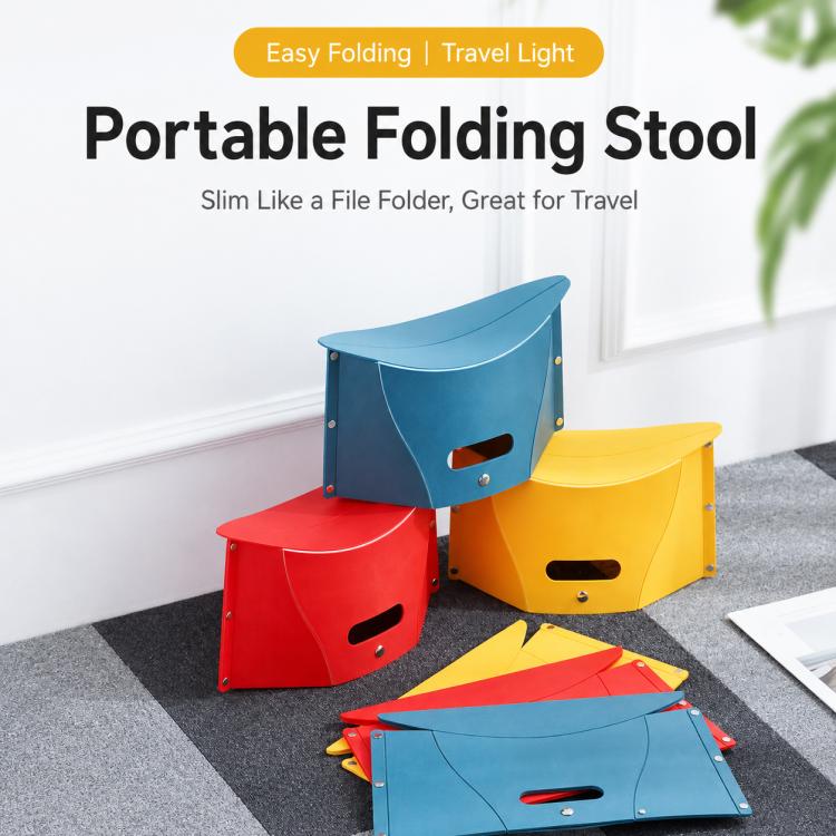 Portable folding stool set with red, yellow, and blue foldable storage baskets
